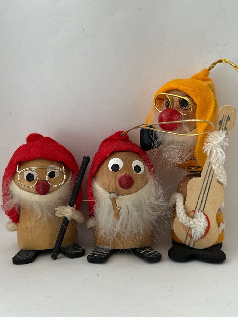 3 Vintage Santa GNOME ORNAMENTS JAPAN BOBBLEHEAD WOOD